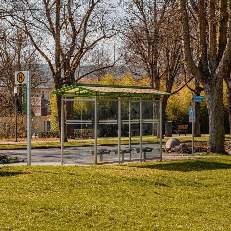 Überdachte Bushaltestelle aus Glas mit grünem Haltestellenschild